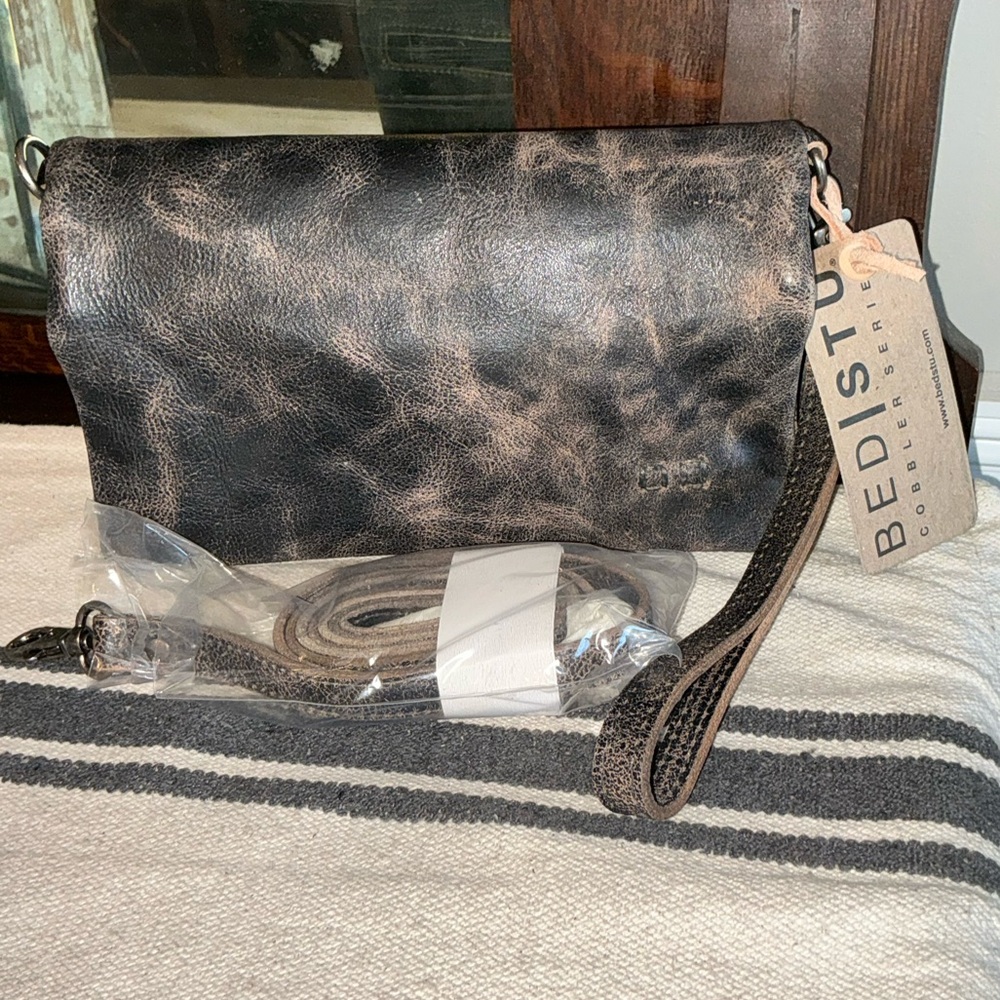 NWT Bed Stu Leather Cadence Wallet Wristlet Crossbody Bag Black Lux MSRP $175